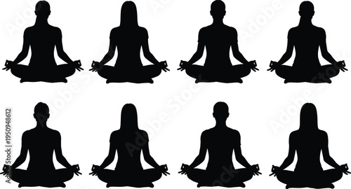 Set of eight black silhouettes of diverse men and women practicing yoga meditation in lotus pose isolated on white background