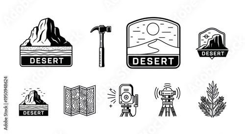 Desert Exploration Icons: Mountains, Tools, Map, Surveying, Plant