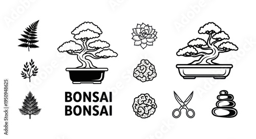 Bonsai trees and accessories, black and white line art icons
