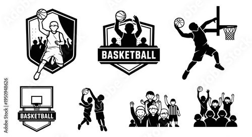 Black and White Basketball Icons: Players, Court, and Fans Silhouette Art