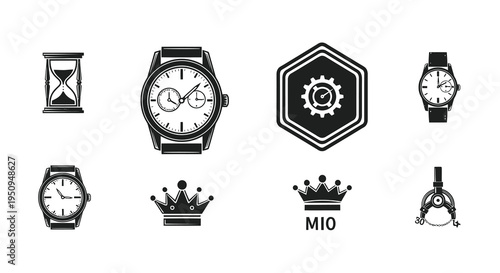 Collection of watch icons and horology symbols in black and white vector style