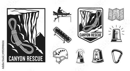 Black and White Vector Icons for Canyon Rescue Team, Adventure Sports