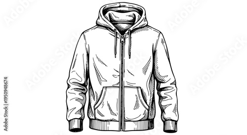 Detailed black and white illustration of a hoodie with a zipper, featuring a front view on a plain background