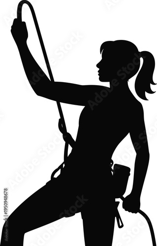 Black silhouette of female climber wearing harness and chalk bag handling a rope for belaying or rappelling on white background