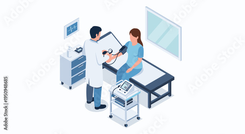 Doctor in white coat measuring blood pressure of patient sitting on examination table in modern medical office, with equipment and digital monitor nearby