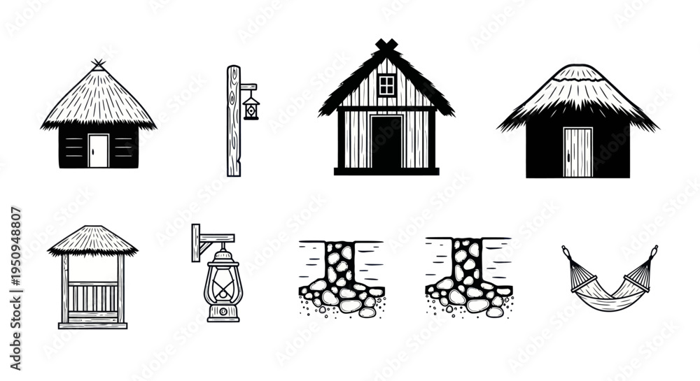 Fototapeta premium Black and White Line Art of Traditional Village Hut and Hammock