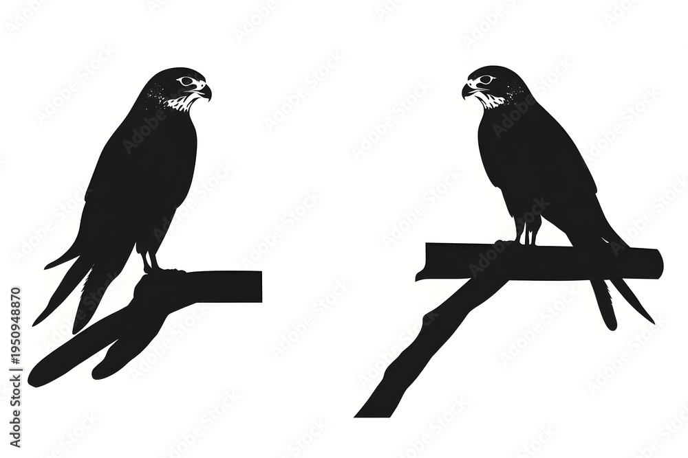 Fototapeta premium Pair of Perched Hawks: Two striking silhouettes of hawks perched elegantly on branches, showcasing their powerful presence against a clean backdrop.