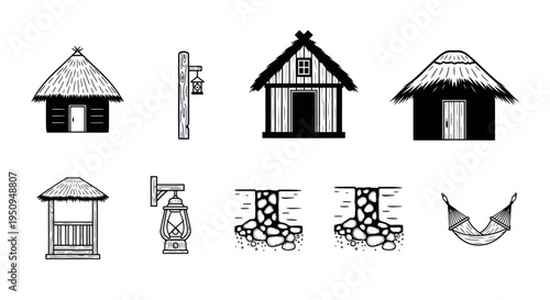 Black and White Line Art of Traditional Village Hut and Hammock