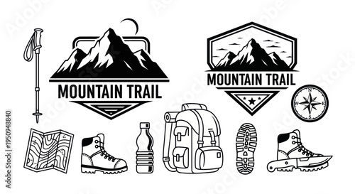 Black and White Line Art Hiking Gear and Mountain Trail Icons