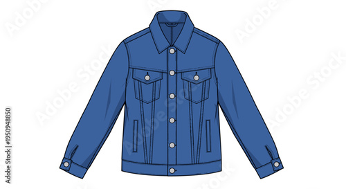Illustration of a classic blue denim jacket in front view with button details, long sleeves, and collar on a white background