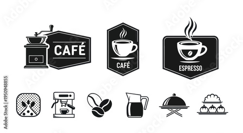 Coffee Shop Cafe Espresso Icon Set Black White Vector