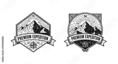 Black and white expedition mountain logo with compass and banner