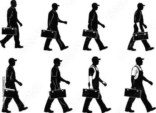 Silhouette set of a professional handyman worker walking with a toolbox wearing a cap and overalls for construction service icon.