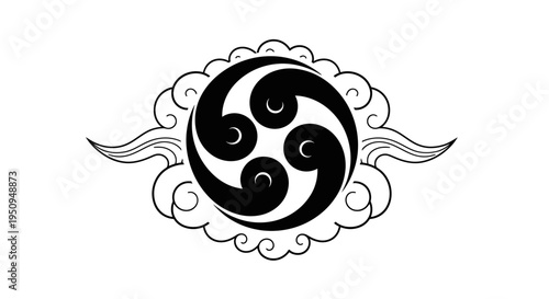 A black and white illustration of a Japanese mon, or crest, featuring a swirling pattern within clouds.