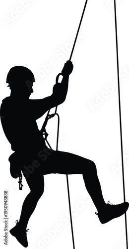 Black Silhouette Vector of a Professional Climber Rappelling on Ropes With Safety Helmet and Technical Equipment for Extreme Outdoor Sports