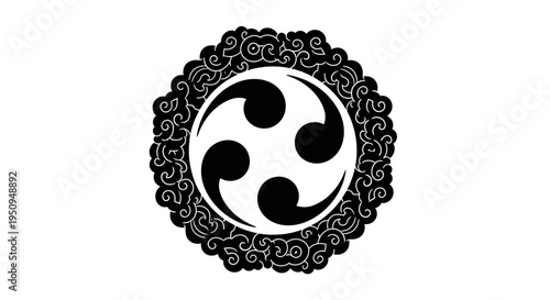Traditional Japanese black and white emblem featuring a yotsudomoe symbol surrounded by an ornate cloud-patterned circular border.