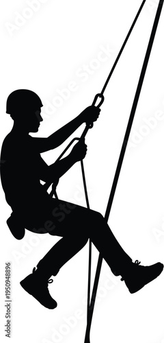 Black Silhouette Vector of a Professional Climber Rappelling Down Ropes With a Safety Helmet and Technical Gear for Extreme Sports