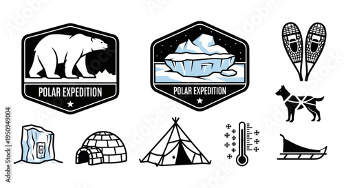 Polar Expedition Icons: Bear, Iceberg, Tent, Sled, Snowshoes, Dog, Thermometer