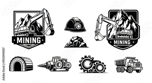 Mining Industry Icons: Excavator, Truck, Hard Hat, Gears, Rocks, Tunnel