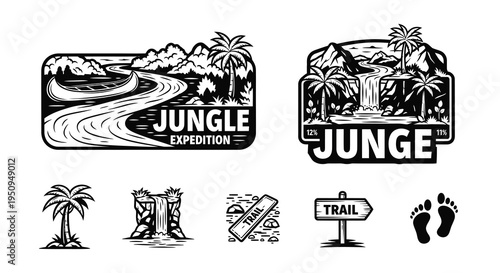 Black and White Jungle Expedition Logos with River, Waterfall, and Trail Icons