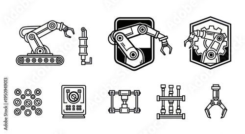 Black and White Line Art Icons of Robotic Arms and Industrial Components