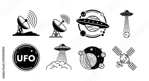 Space and UFO Black and White Line Art Icons Set