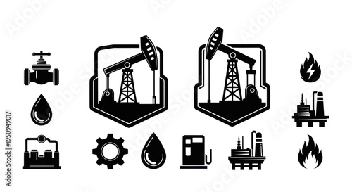Oil Industry Icons: Pumpjack, Drop, Valve, Gas Station, Plant, Flame