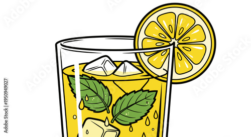 Illustration of a refreshing lemonade with mint leaves in a glass, featuring ice cubes and a lemon slice, vibrant yellow and green colors, white background