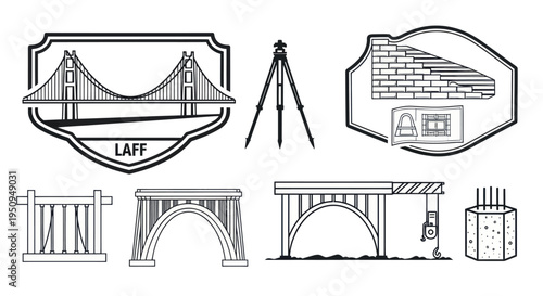 Construction Engineering Icons: Bridges, Surveying, Brickwork, and Concrete