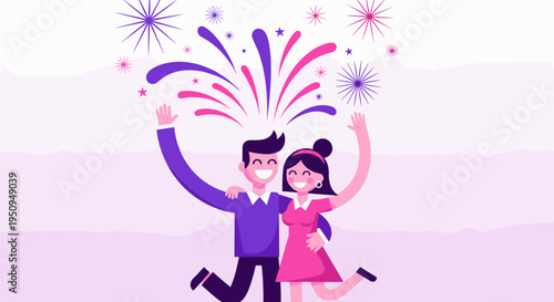 Joyful couple celebrating with vibrant fireworks in a colorful cartoon style illustration, featuring a cheerful atmosphere and pastel background