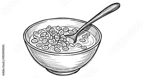 Detailed black and white illustration of a bowl filled with cereal and milk, featuring a spoon, line art style, isolated on white background