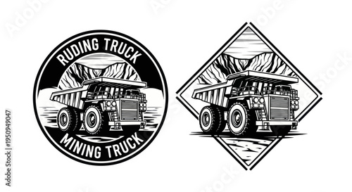 Black and White Mining Truck Illustration, Industrial Vehicle Art