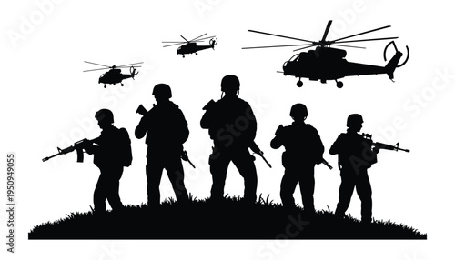 Silhouetted group of people watching various aircraft overhead