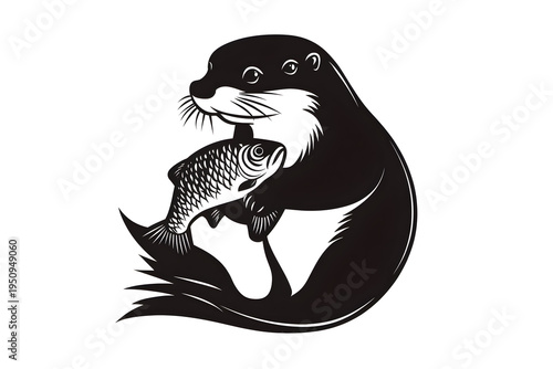 Otter Holding Fish: A stylized illustration of an otter cradling a fish, perfect for nature-themed design. 