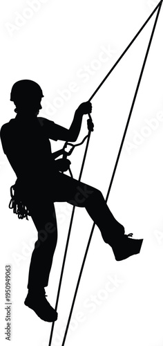 Black Silhouette Vector of a Technical Climber Rappelling Down Ropes Using Professional Safety Gear Helmet and Harness for Extreme Sports