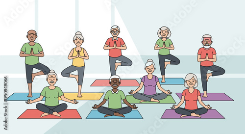 Illustration of a diverse senior yoga class practicing poses on colorful mats in a bright studio setting