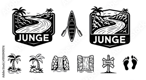 Black and White Vintage Adventure Icons: Jungle River, Canoe, Waterfall, Trail