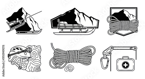 Mountain Climbing And Winter Sports Icon Set - Black and White Line Art