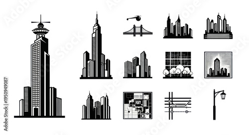 Black and White Icons of Cityscape Buildings and Urban Elements