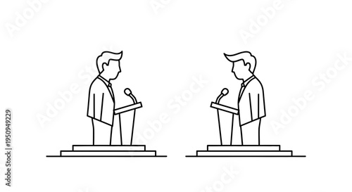 Two Politicians Debating at Podiums with Microphones in a Minimalist Line Art Style
