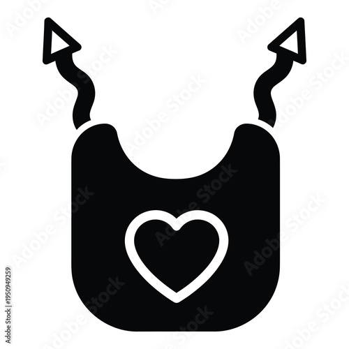 Black baby bib with heart design and safety pins  baby clothes icon