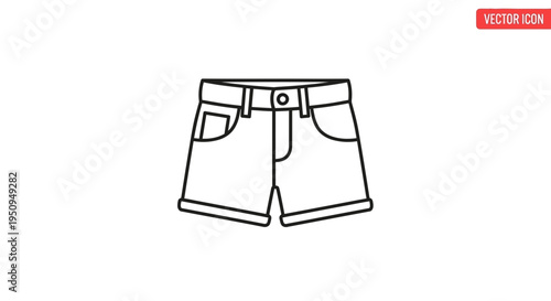 Vector icon of denim shorts, simple outline drawing for fashion and clothing concepts.