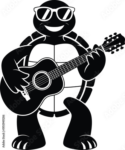 Cool cartoon turtle playing acoustic guitar wearing sunglasses black and white vector silhouette for music mascot animal and summer design