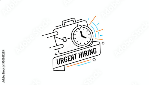 Urgent Hiring Concept: Clock and Briefcase Icon with Speed Lines and Rays