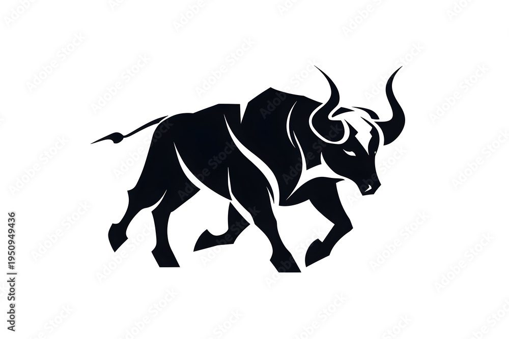 Obraz premium Majestic Bull: A bold depiction of a powerful bull in full stride, embodying strength and determination. The monochromatic art style emphasizes the bull's imposing presence.