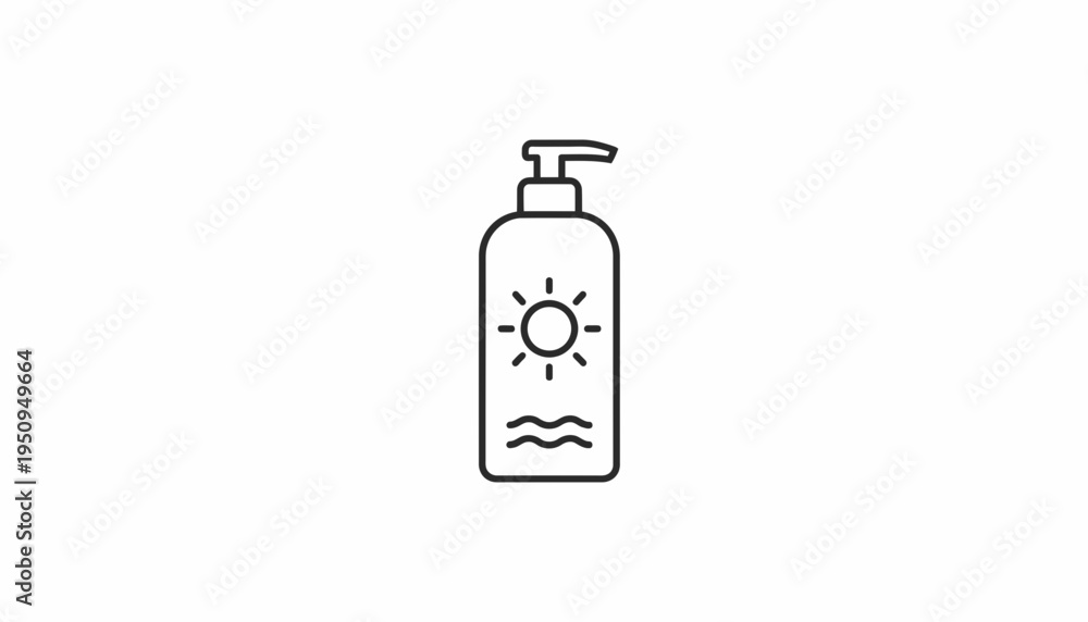 Obraz premium Sunscreen bottle with sun and waves icon, summer protection concept, clean vector illustration