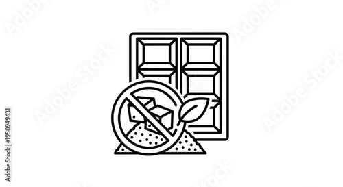 Sugar-free chocolate bar icon with crossed sugar cubes and leaf, healthy eating concept