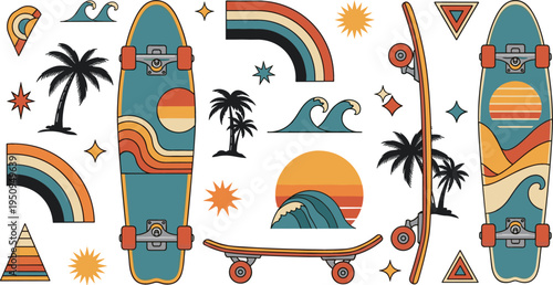 Retro Surf Style Skateboard Illustration Set with Vintage Sunset, Ocean Waves, Palm Trees, and Colorful Skate Boards for Summer Sport Design