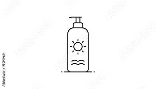 Sunscreen bottle icon with sun and waves, summer protection concept, vector illustration