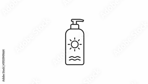 Sunscreen bottle with sun and waves icon, summer protection concept, clean vector illustration